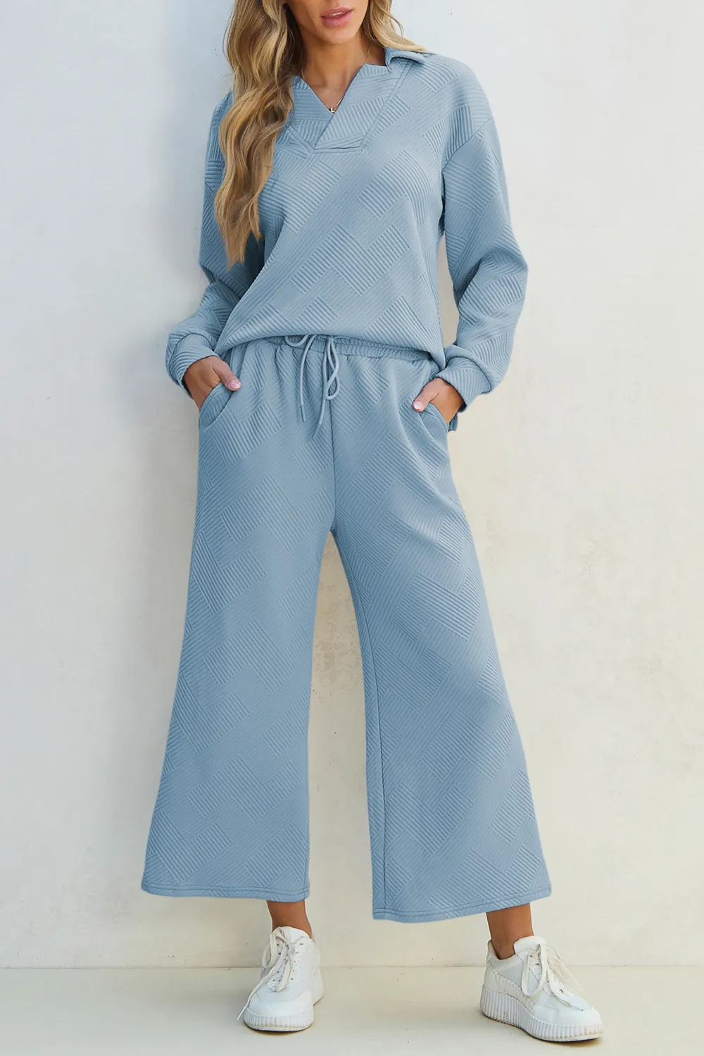 Textured Collared Neck Top and Wide Leg Pants Set, image 2