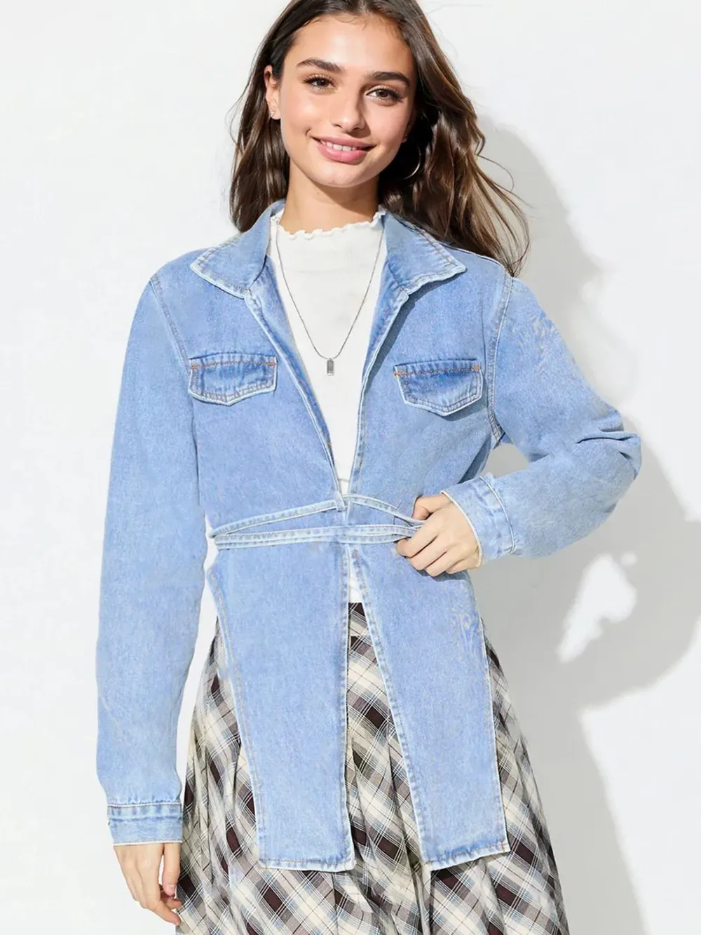 Asymmetric Slit Collared Neck Long Denim Top, image 2