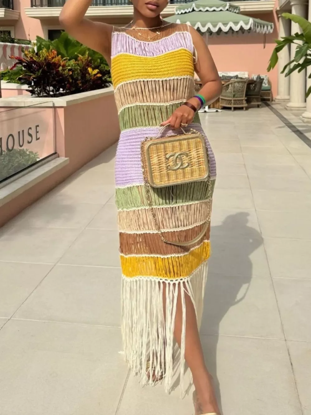 Fringe Crochet Knit Color Block Maxi Dress, image 4