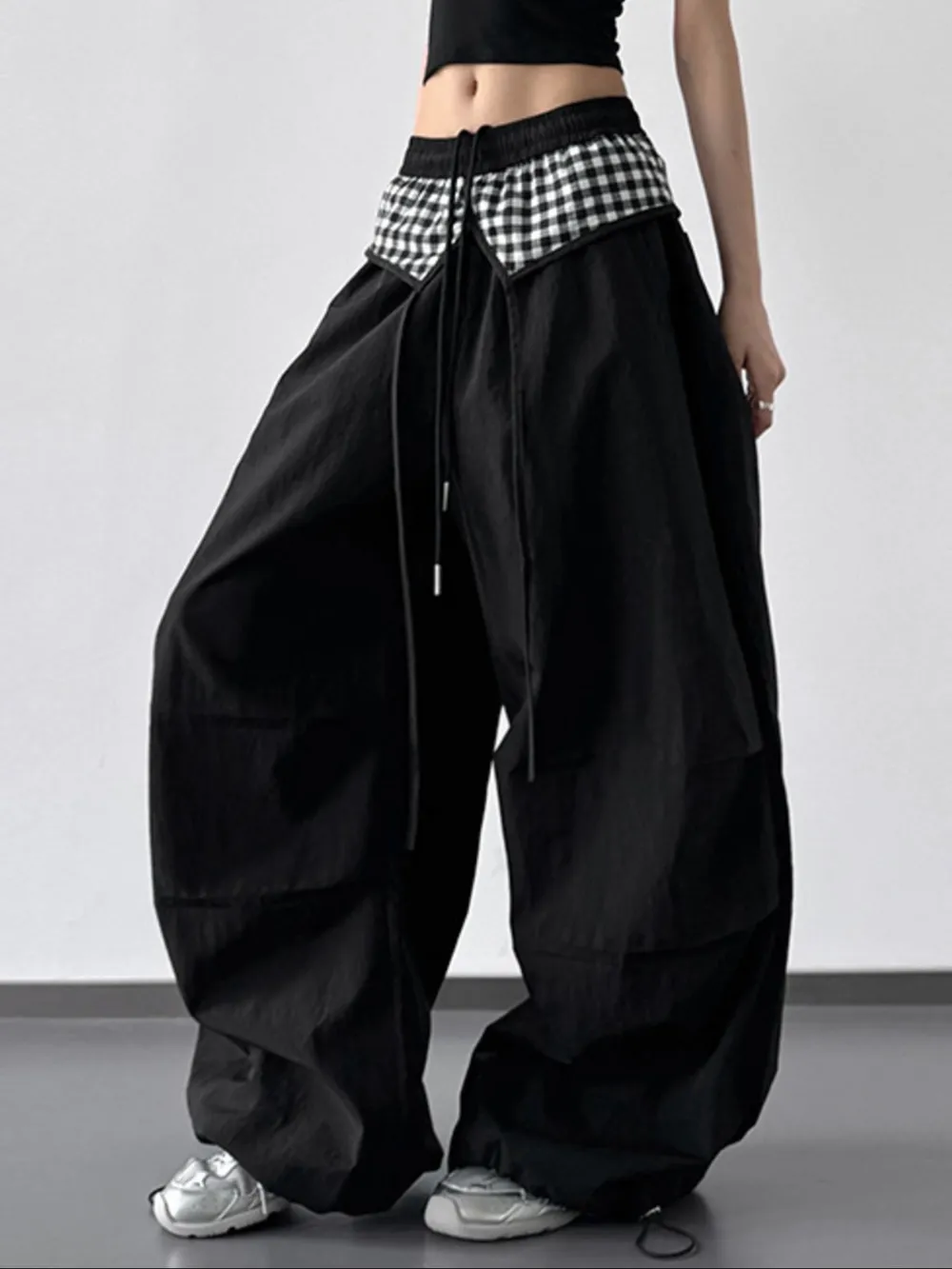 Wide Leg Pants with Checkered Detail, image 3