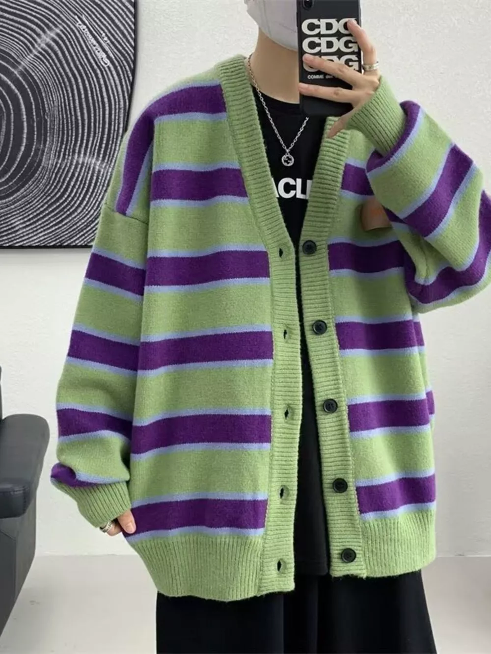 Men's Striped V-Neck Knitted Cardigan, image 3