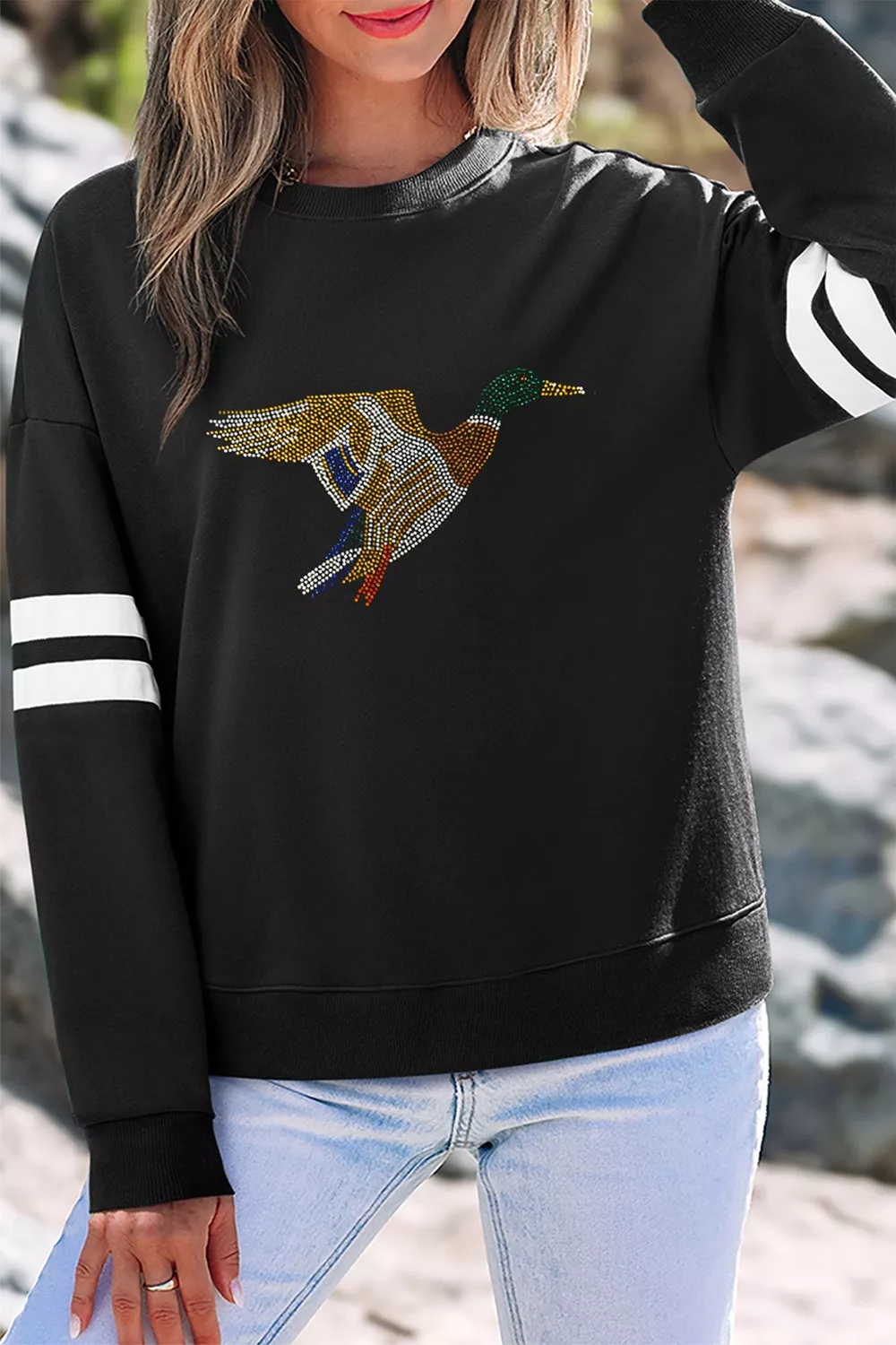 Rhinestone Mallard Contrast Striped Sleeve Casual Sweatshirt, image 6