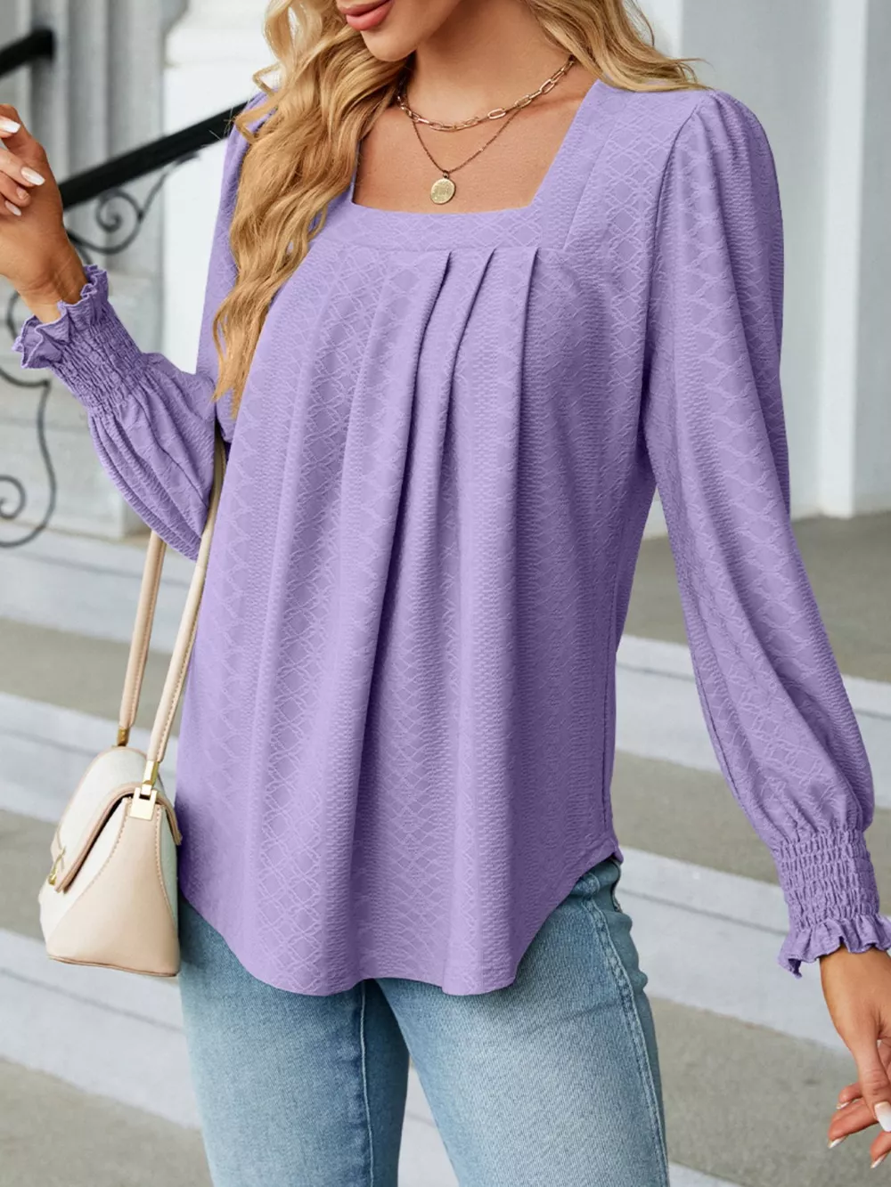 Pleated Square Neck Long Sleeve Top, image 24