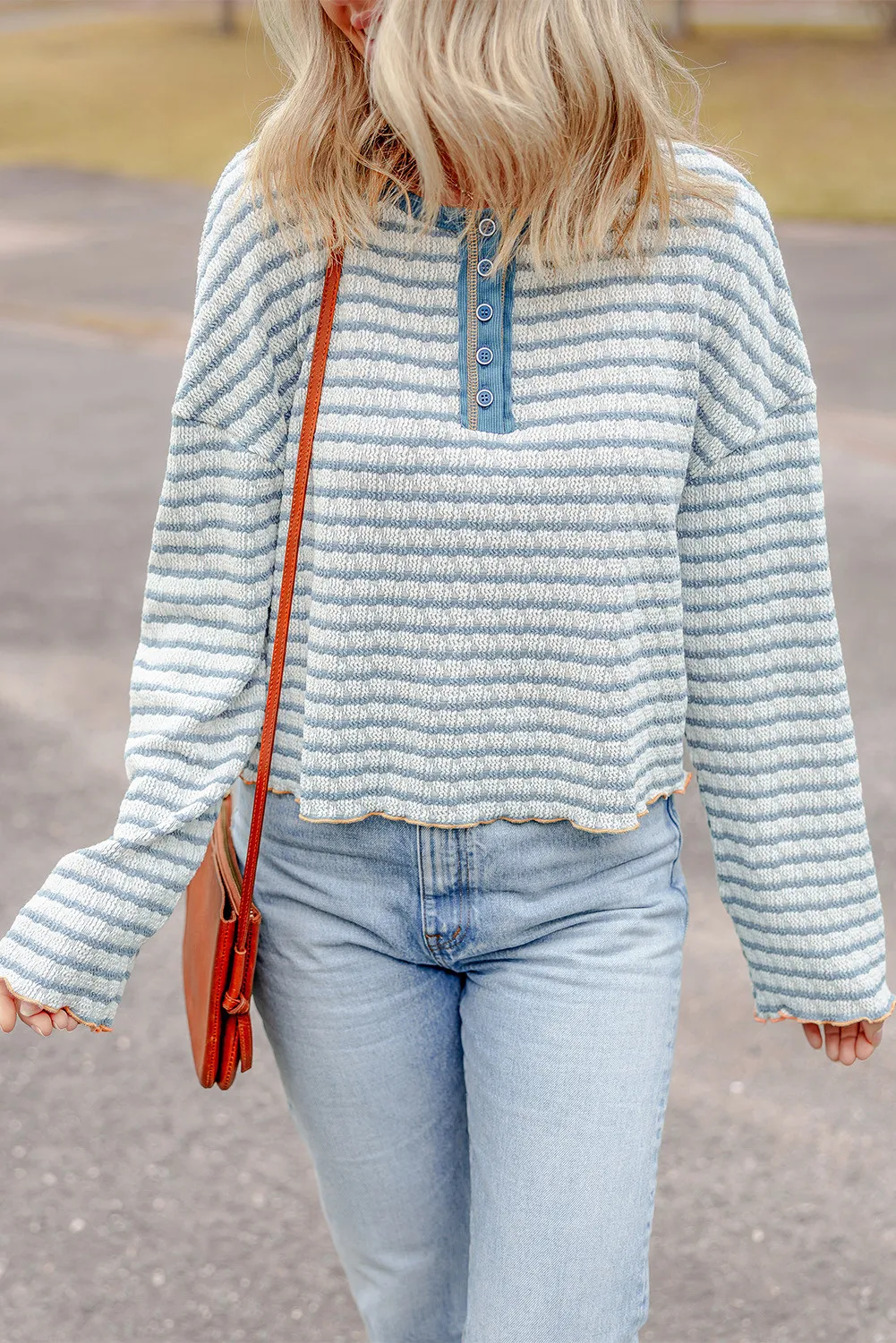 Striped Round Neck Dropped Shoulder Long Sleeve Top, image 3