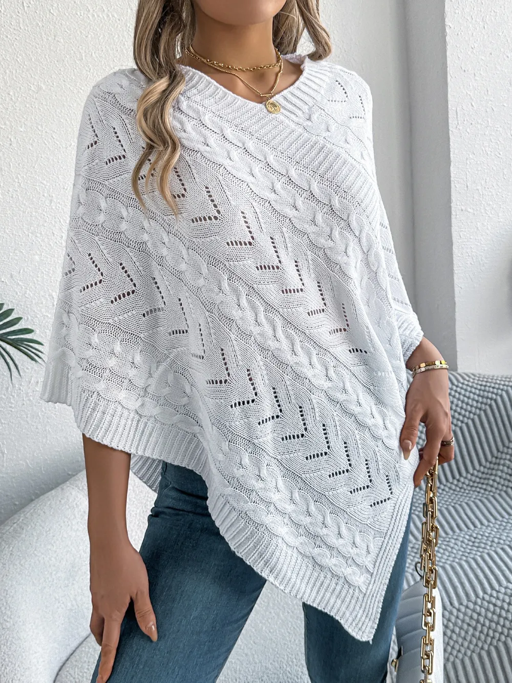 Cable-Knit Openwork Three-Quarter Sleeve Sweater, image 6