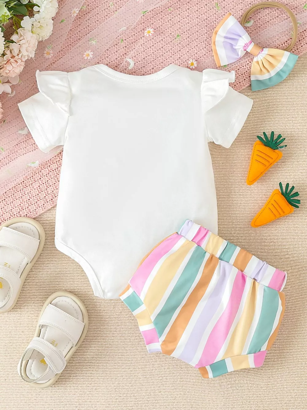 Children's Ruffled Short Sleeve Bodysuit and Shorts Set with Headband, image 6