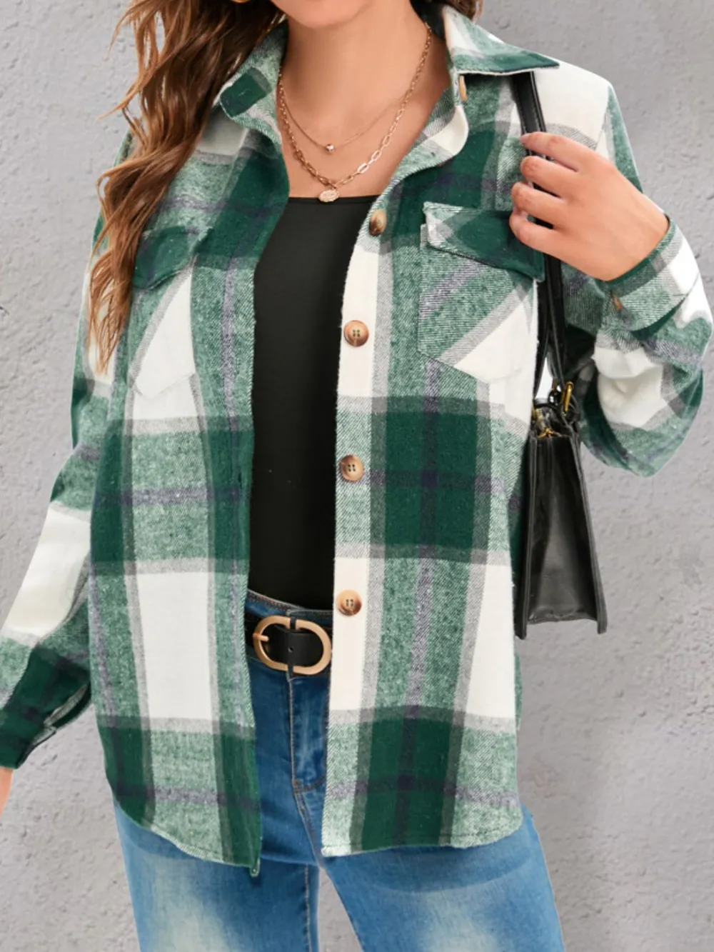 Full Size Pocketed Plaid Collared Neck Shacket, image 12