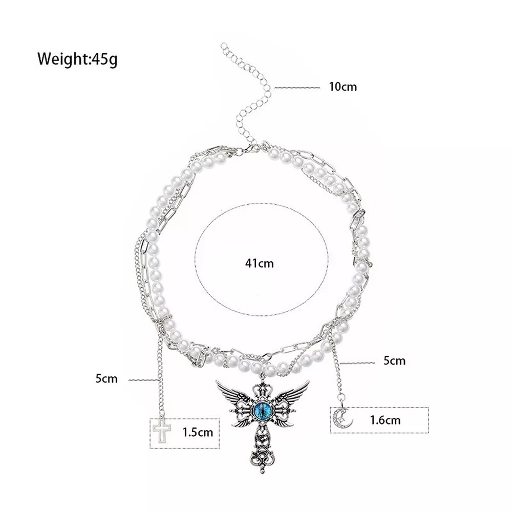Gothic Pearl Double Layered Necklace with Wing Pendant, image 11