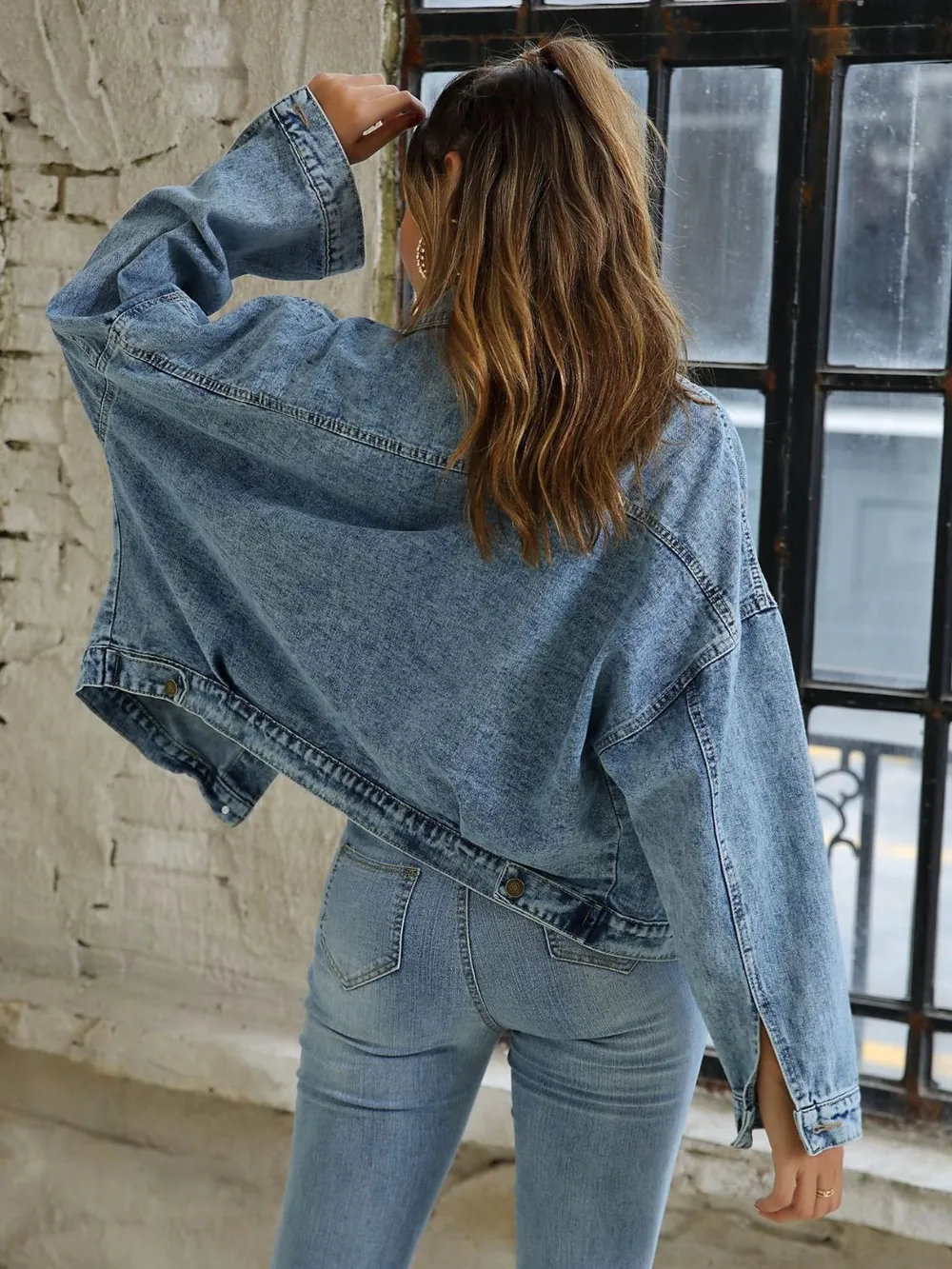 Button Down Drop Shoulder Denim Jacket, image 7
