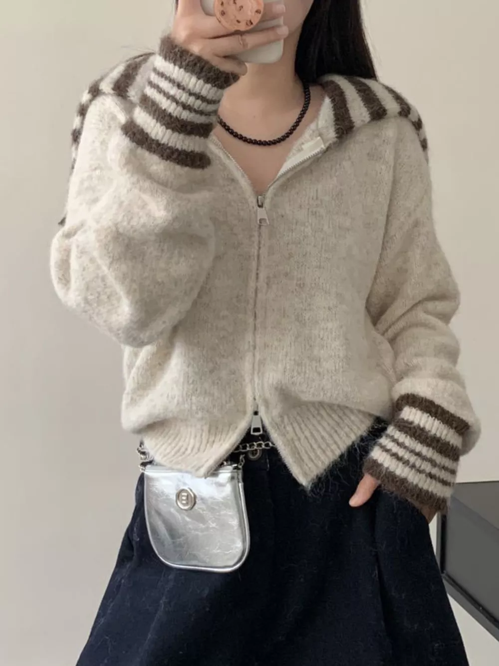 Striped Trim Zip-Up Knit Cardigan