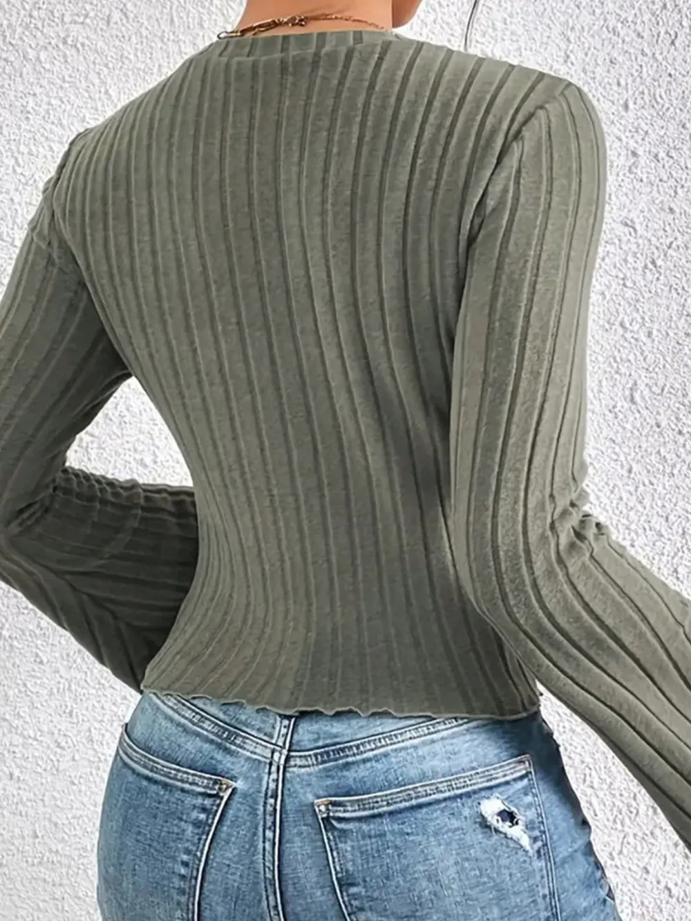 Ribbed Round Neck Flare Sleeve T-Shirt, image 6