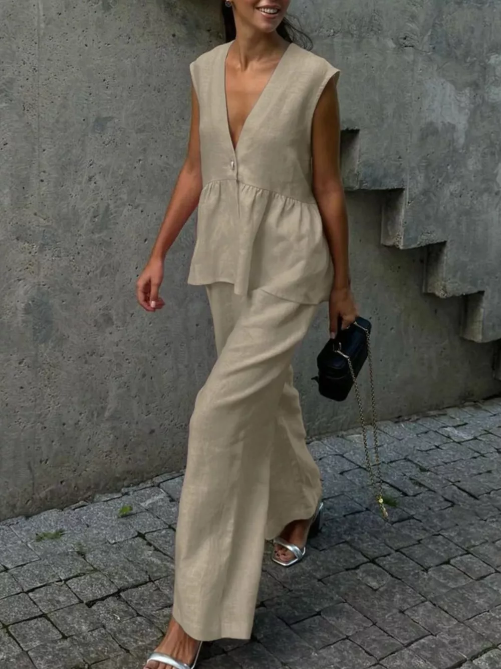 One Button Sleeveless Top and Wide-Leg Pants Set, image 6