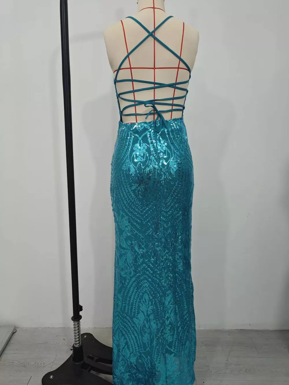 Sequin Embellished Bodycon Backless Evening Dress with Back Lace-Up, image 9
