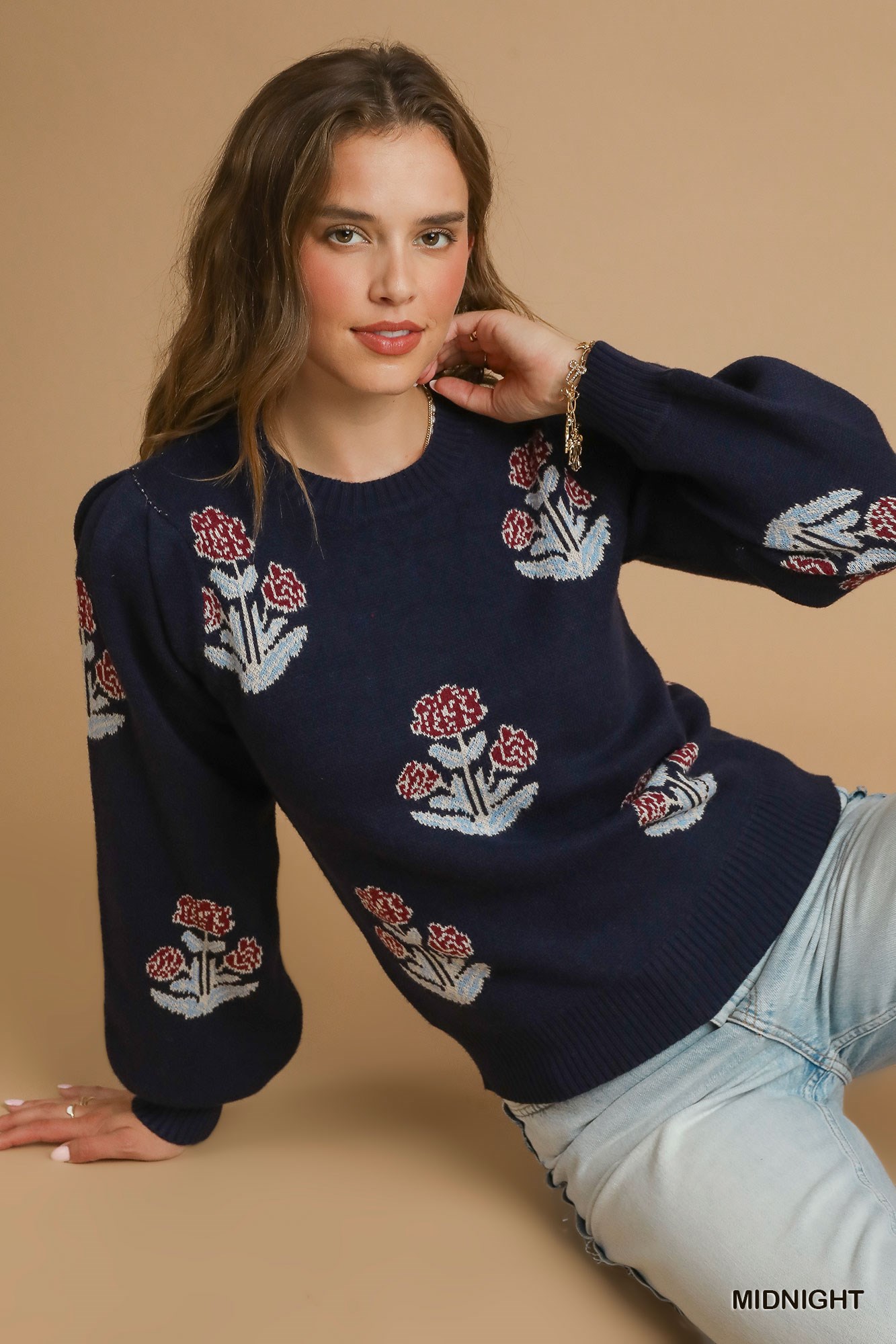 Floral Knit Sweater with Puff Sleeves, image 5