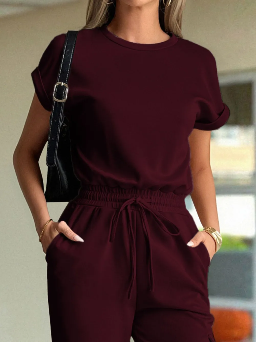 Round Neck Short Sleeve Top and Pants Set, image 9