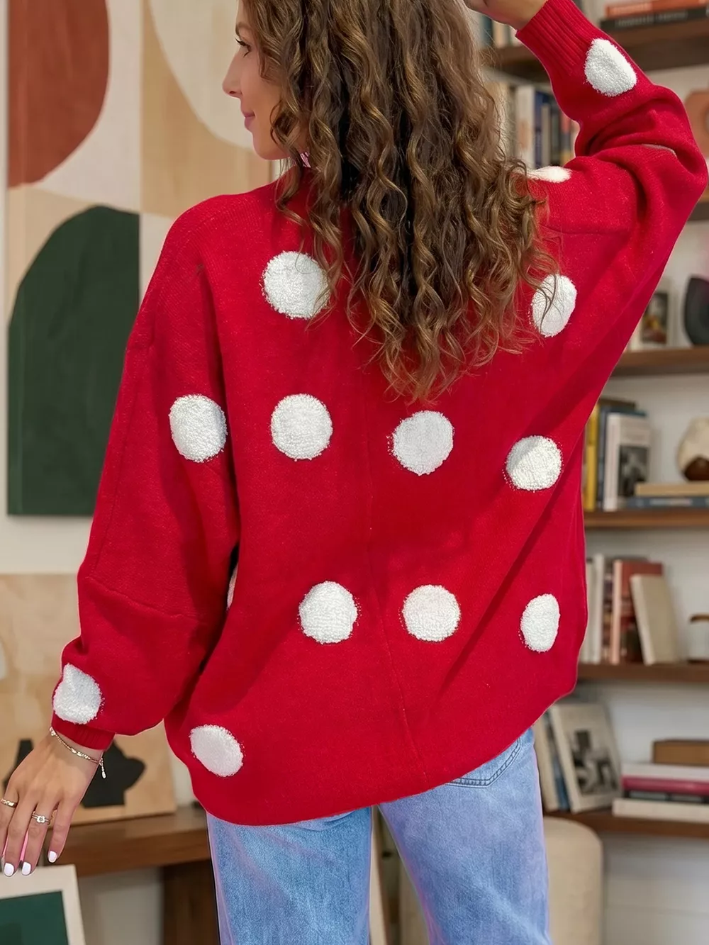 Polka Dot Button Front Oversized V Neck Cardigan, image 2