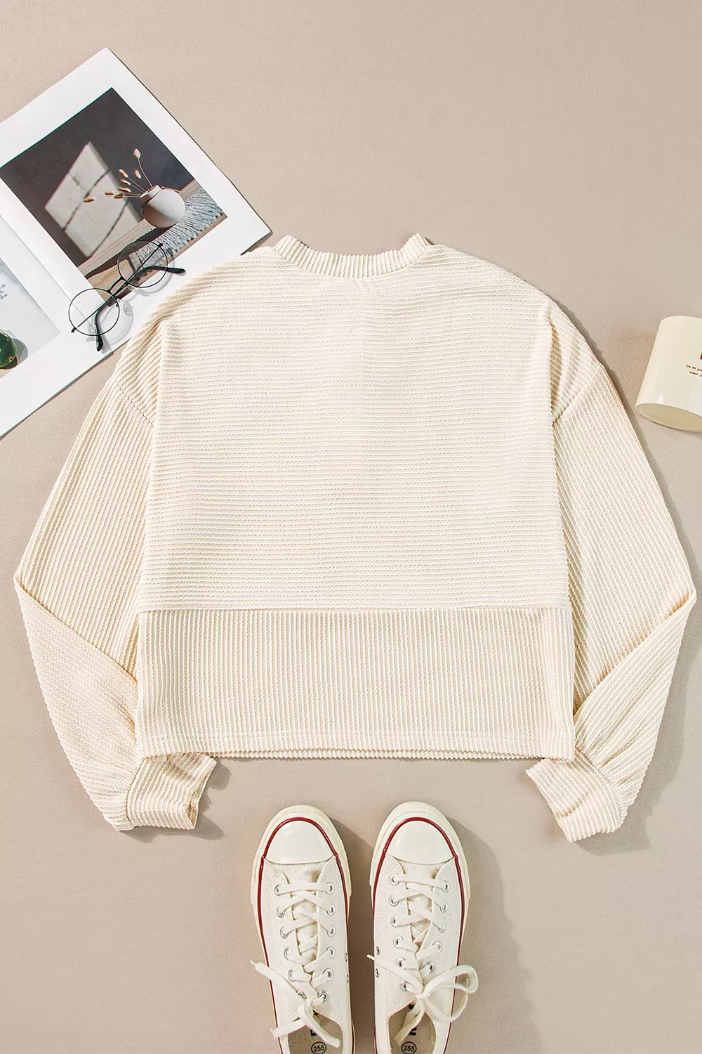 Corded Texture Lantern Sleeve Buttons Henley Sweatsuit, image 9