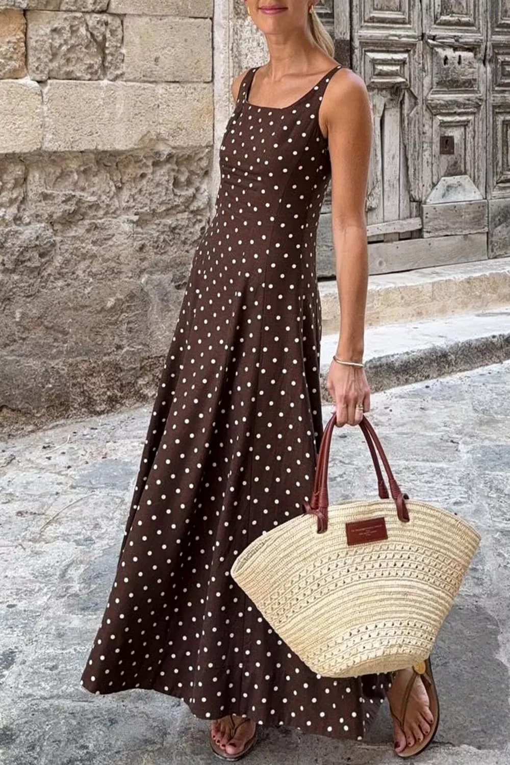 Polka Dot Print Square Neck Sleeveless Vacation Maxi Dress, image 6