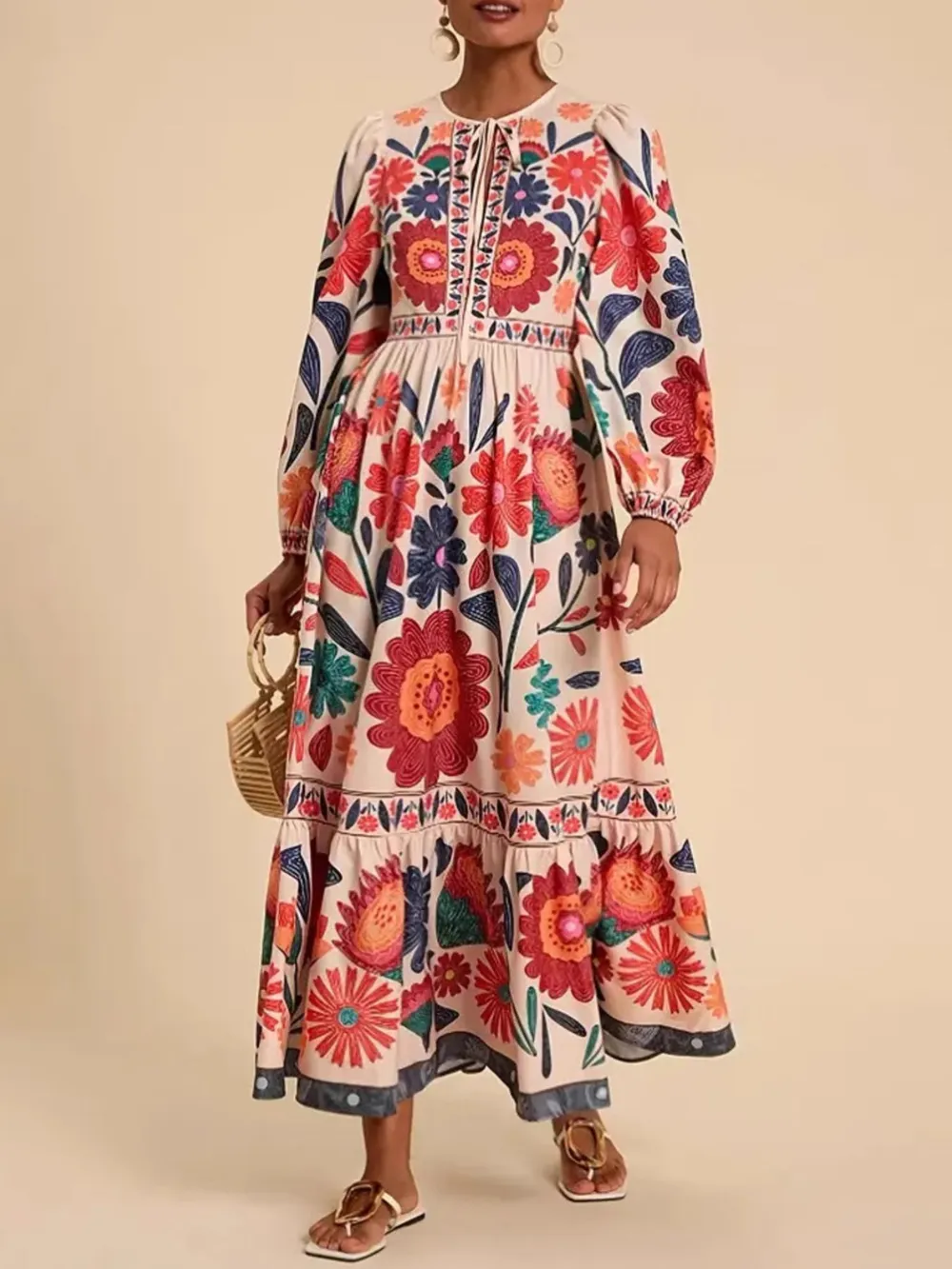 Floral Tie Waist Long Sleeve Dress, image 9