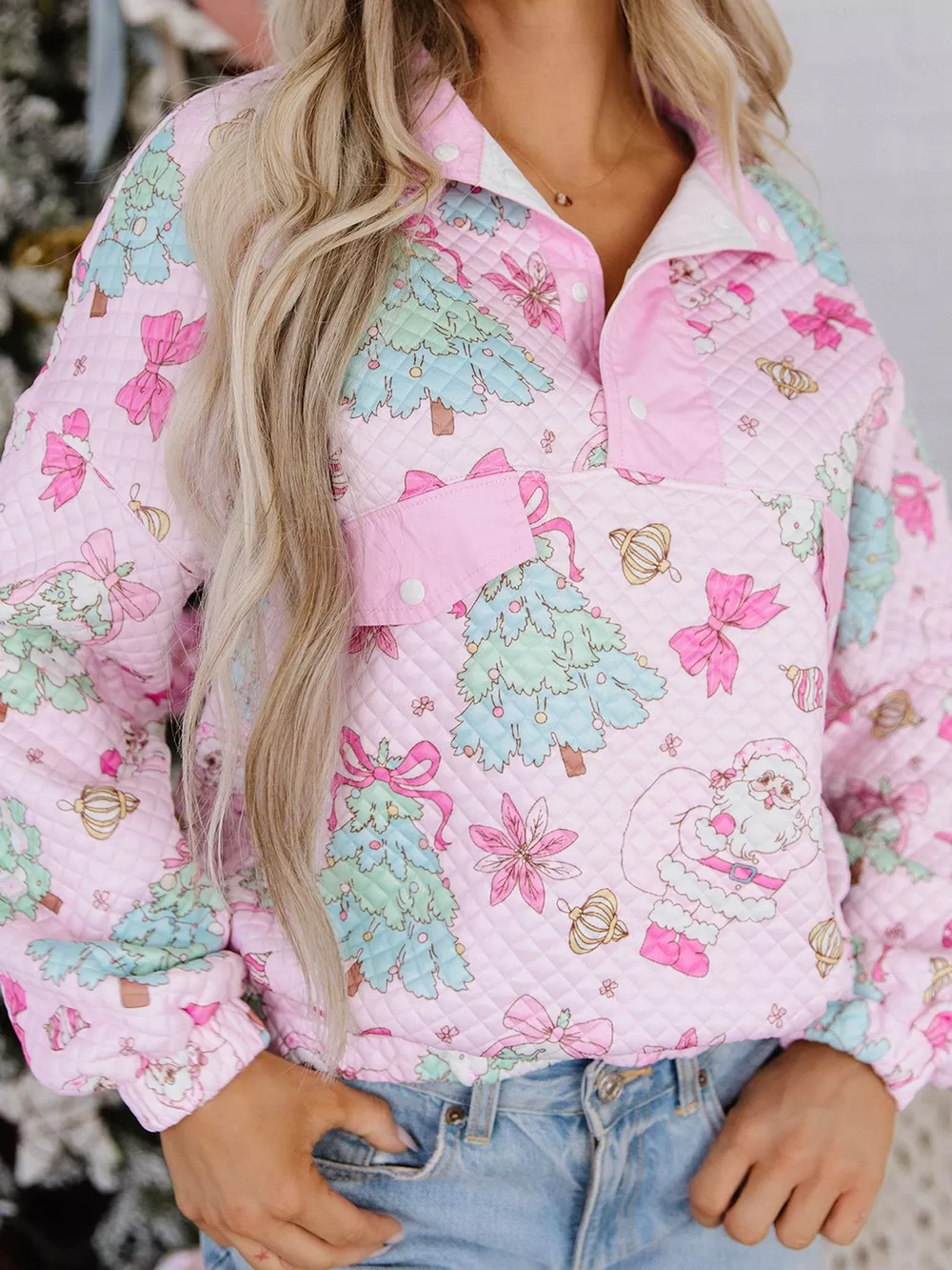 Christmas Print Collar Half Button Loose Sweatshirt, image 9