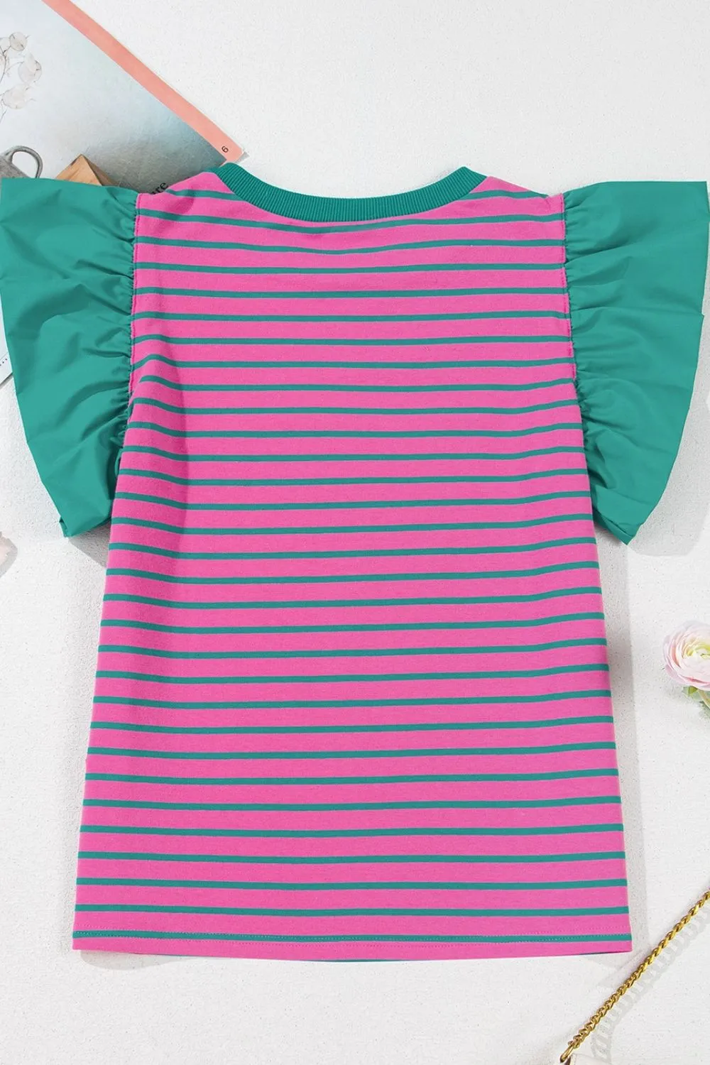 Striped Round Neck Cap Sleeve Blouse, image 5