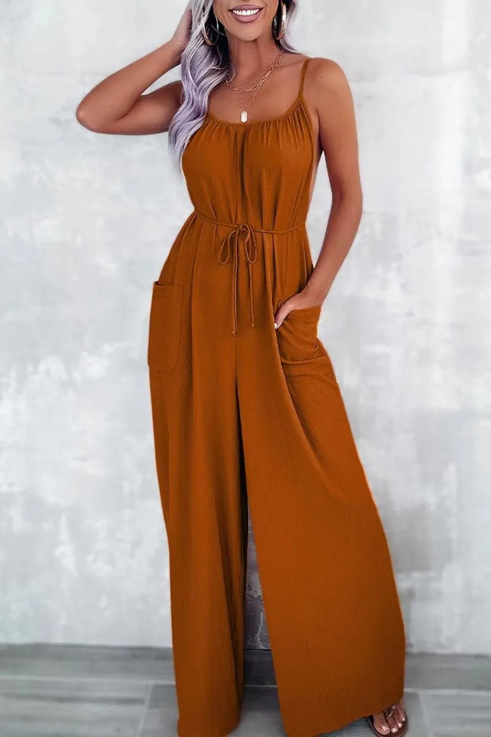 Casual Spaghetti Strap Wide Leg Jumpsuit with Pockets, image 4