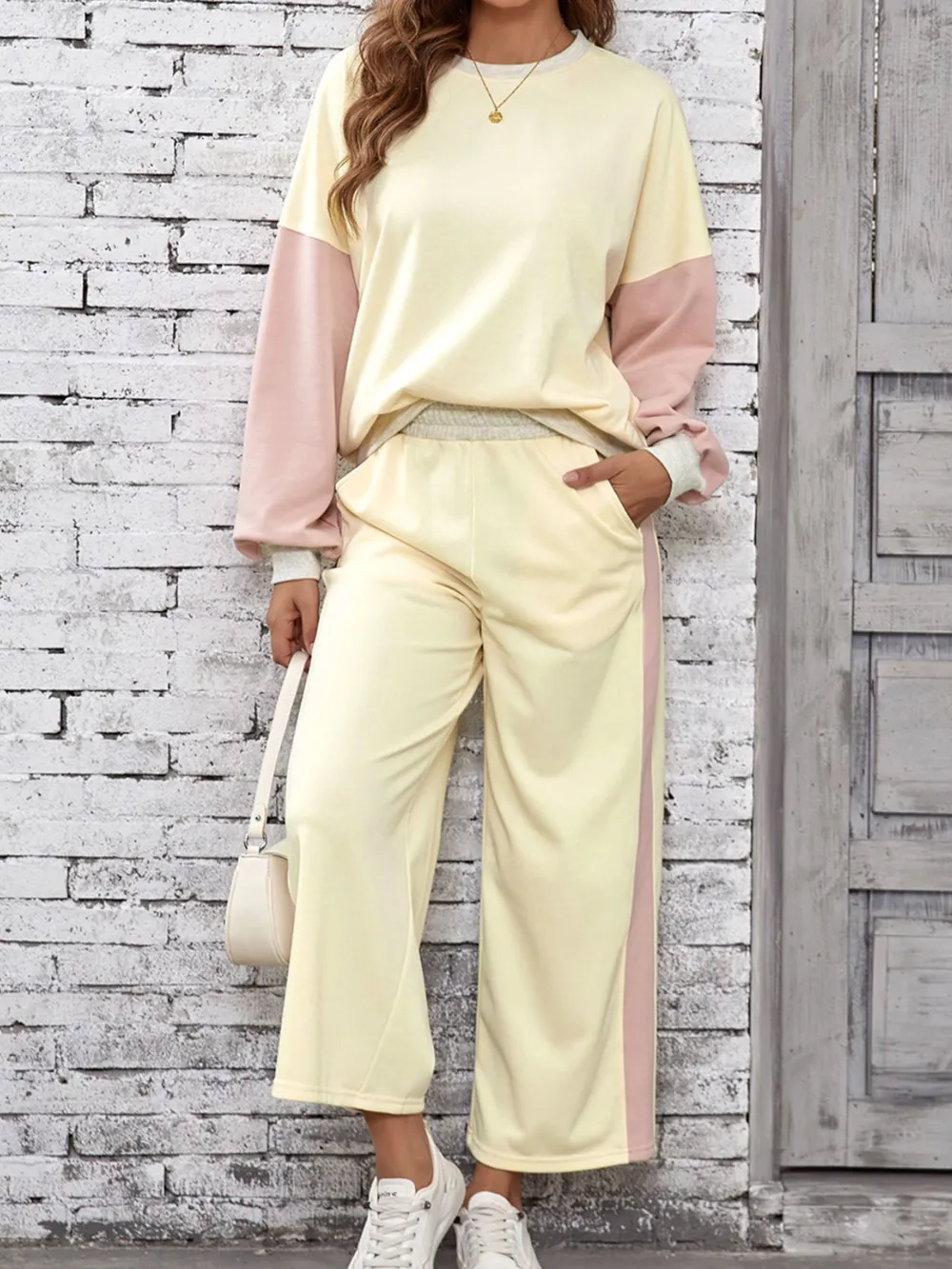 Color Block Round Neck Top and Pants Set, image 8