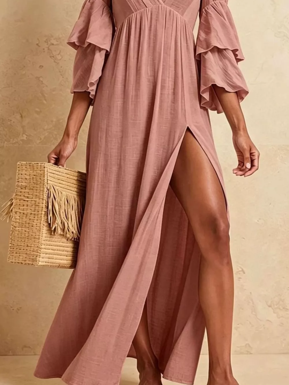 Tiered Ruffle Sleeves High Slit V-Neck Maxi Dress, image 9