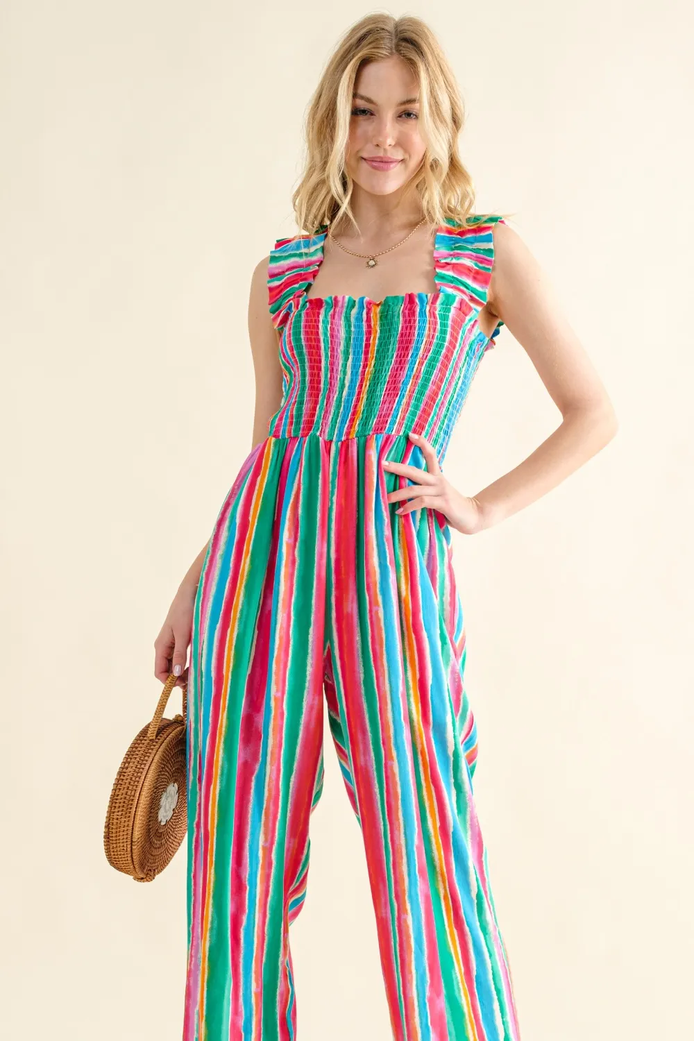 Full Size Striped Smocked Sleeveless Jumpsuit, image 4