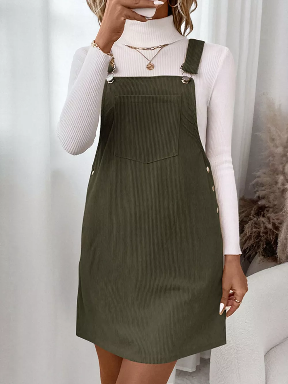 Corduroy Overall Mini Dress with Adjustable Straps, image 8