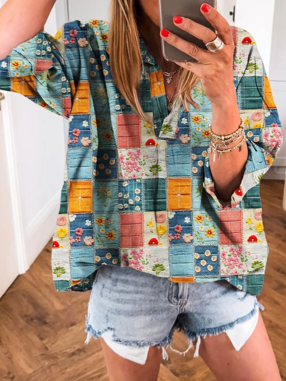 Patchwork Print Notched Long Sleeve Blouse, image 3