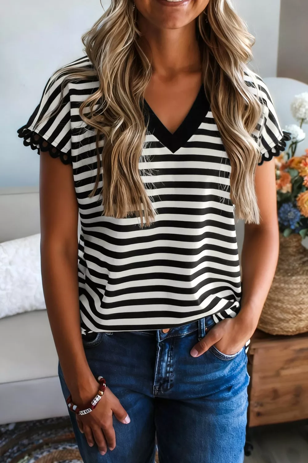 Striped V-Neck Scalloped Short Sleeve T-Shirt, image 6