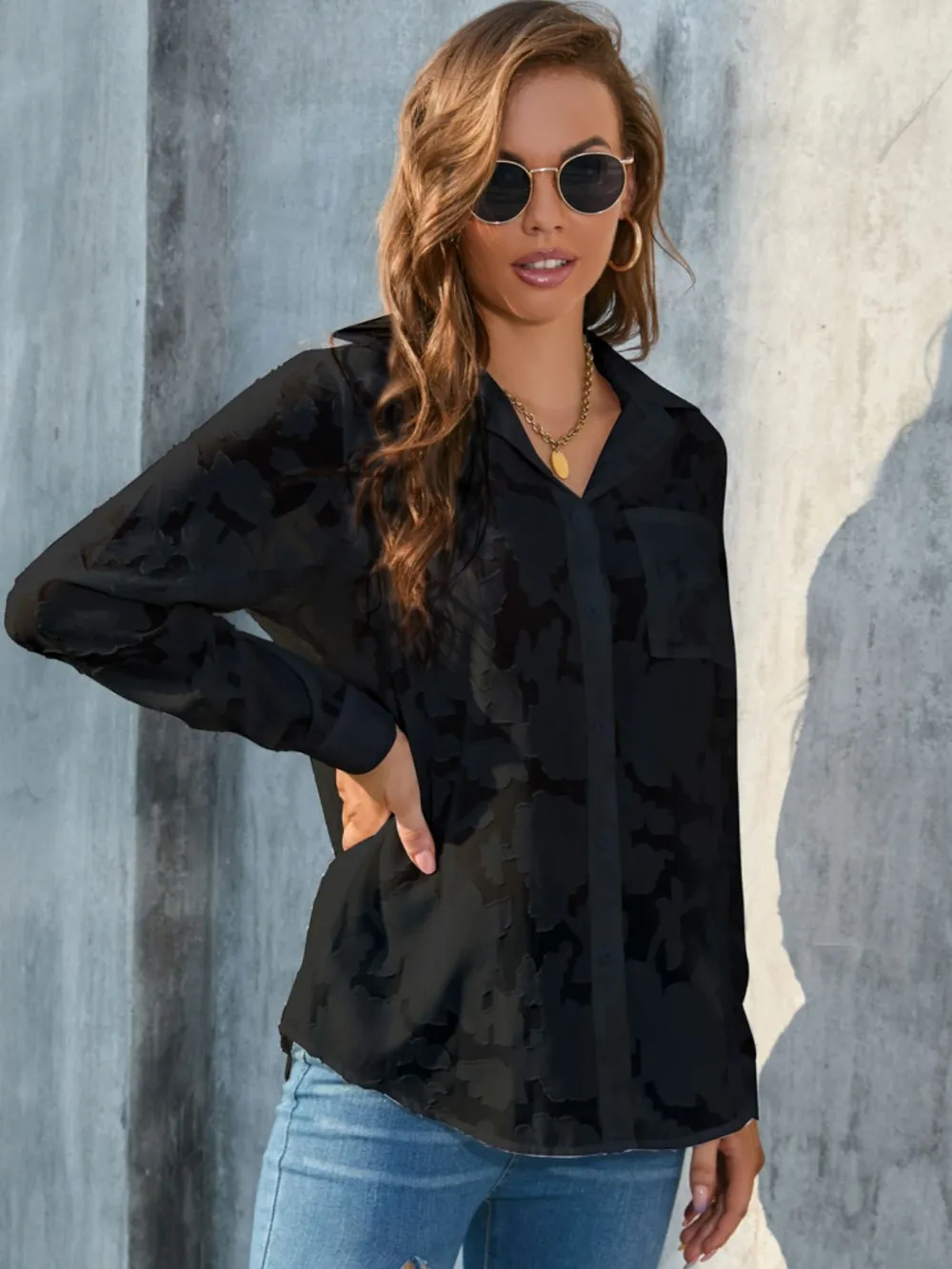 Full Size Collared Neck Long Sleeve Shirt Plus Size, image 24