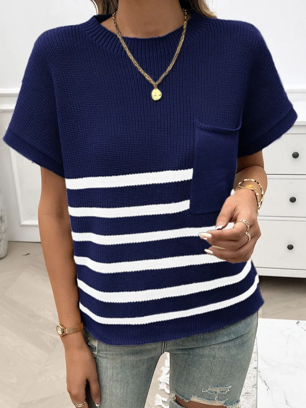 Striped Round Neck Short Sleeve Sweater, image 11