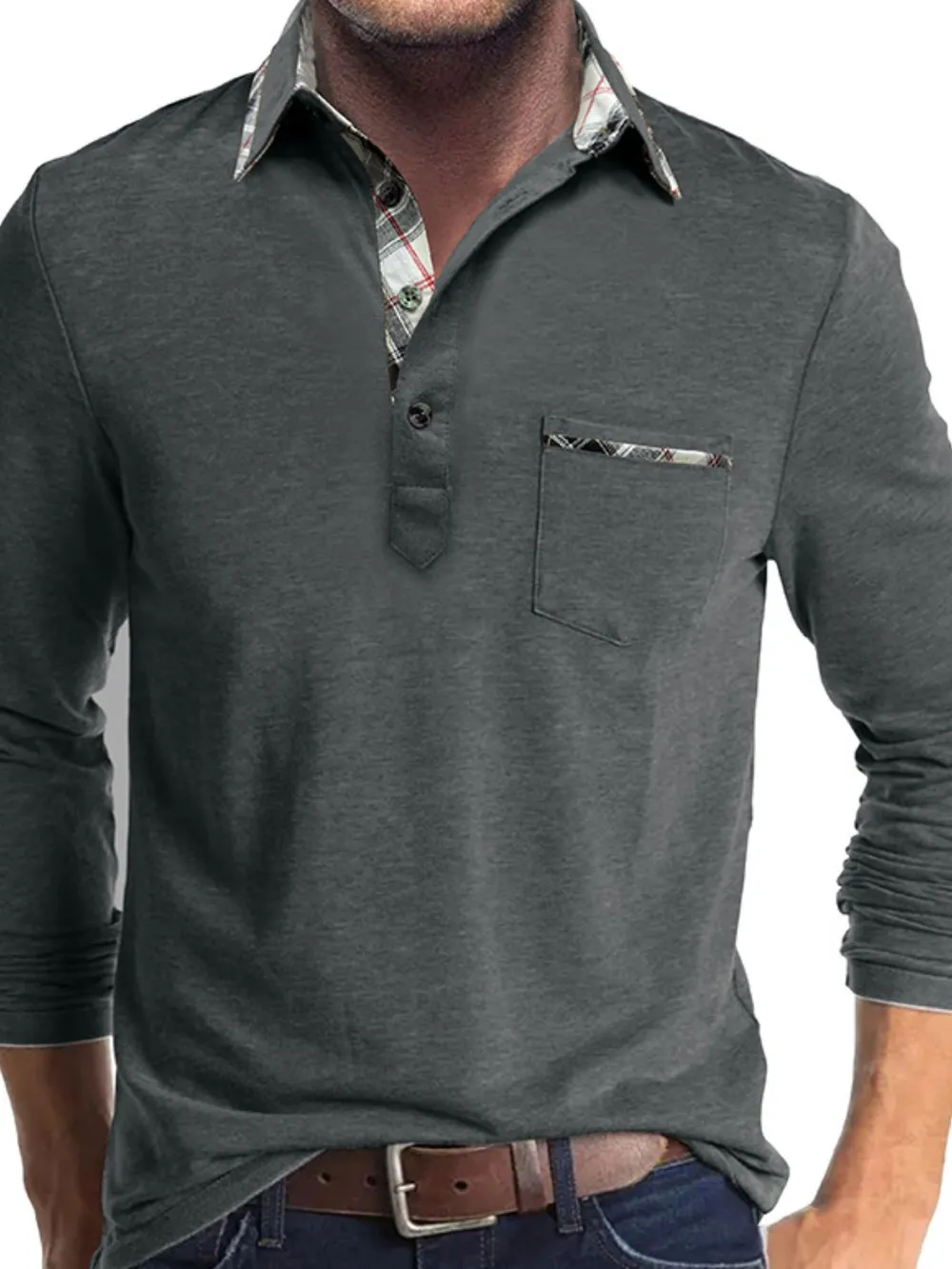 Men's Full Size Plaid Collar Neck Long Sleeve Polo Shirt Plus Size, image 7
