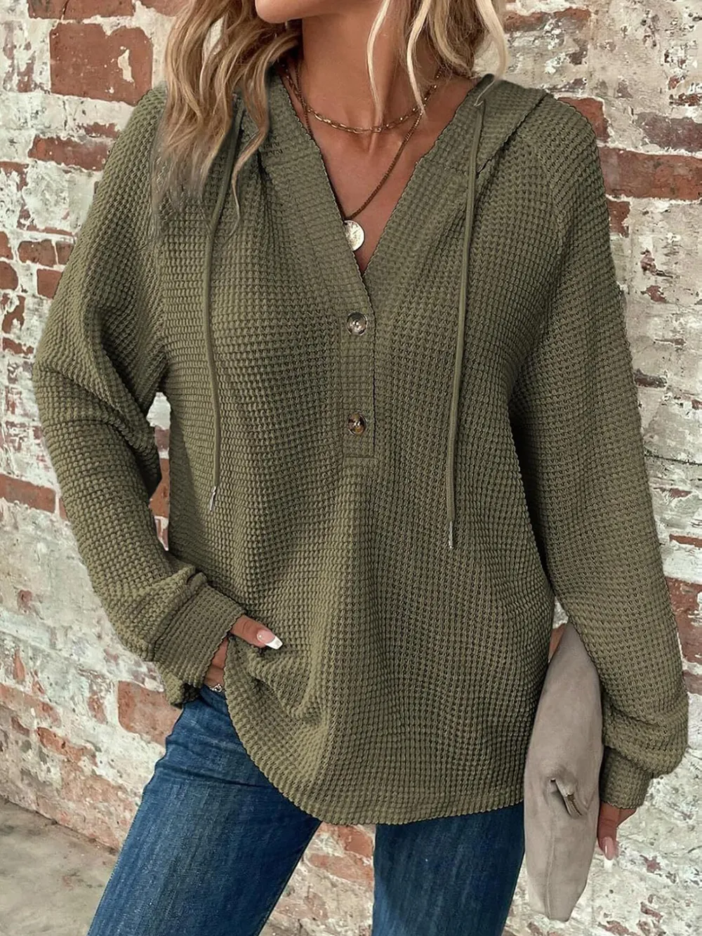 Waffle Knit Long Sleeve Drawstring Hooded Top, image 18