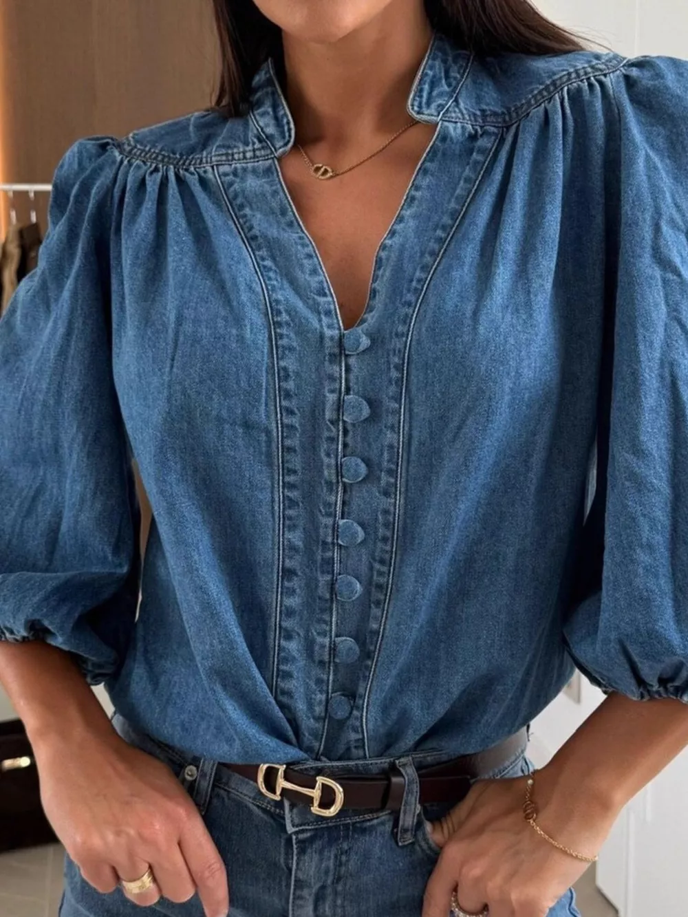 Button-Down Puff Sleeve Denim Top, image 4