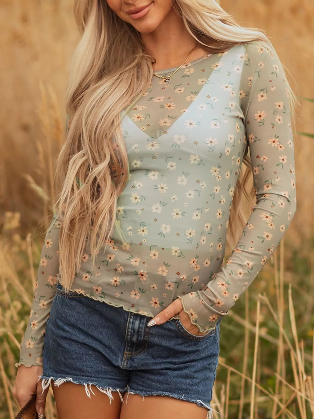 Floral Print Mesh Long Sleeve Top, image 4