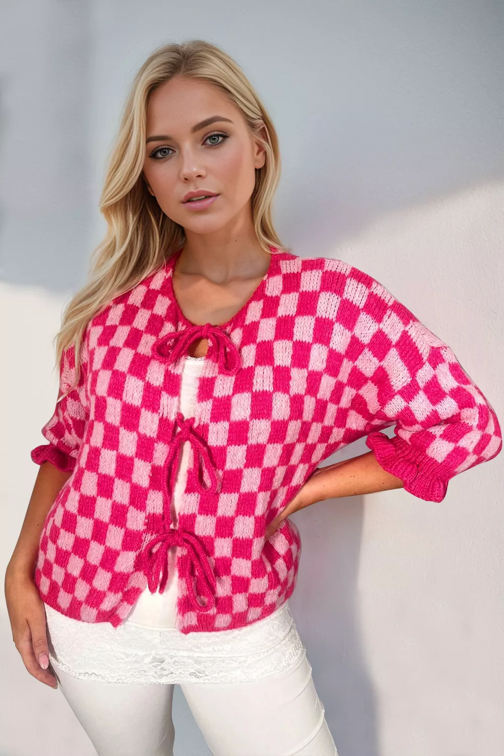Tied Checkered Dropped Shoulder Flounce Sleeve Cardigan, image 10