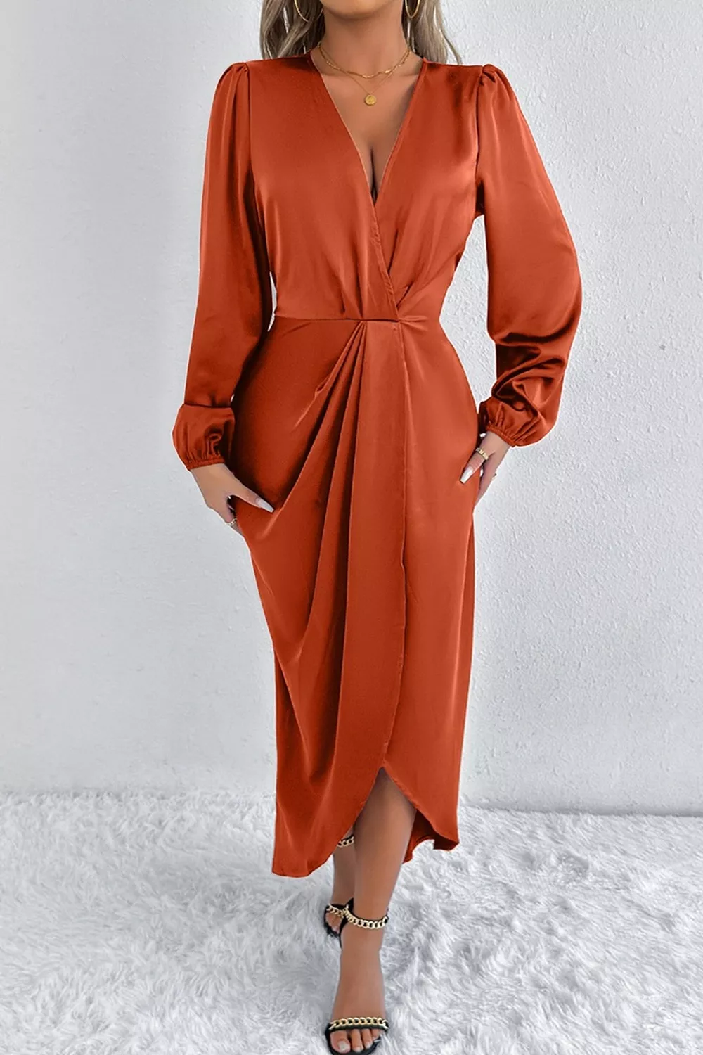 Satin Balloon Sleeve Midi Dress, image 18