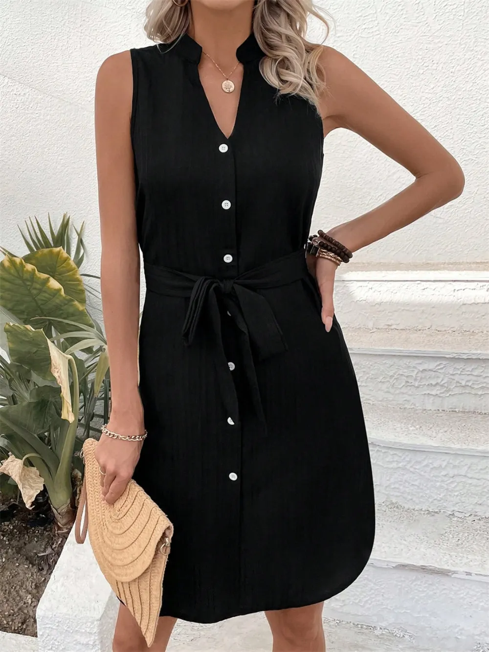 Tied Buttoned Up Notched Sleeveless Dress, image 3