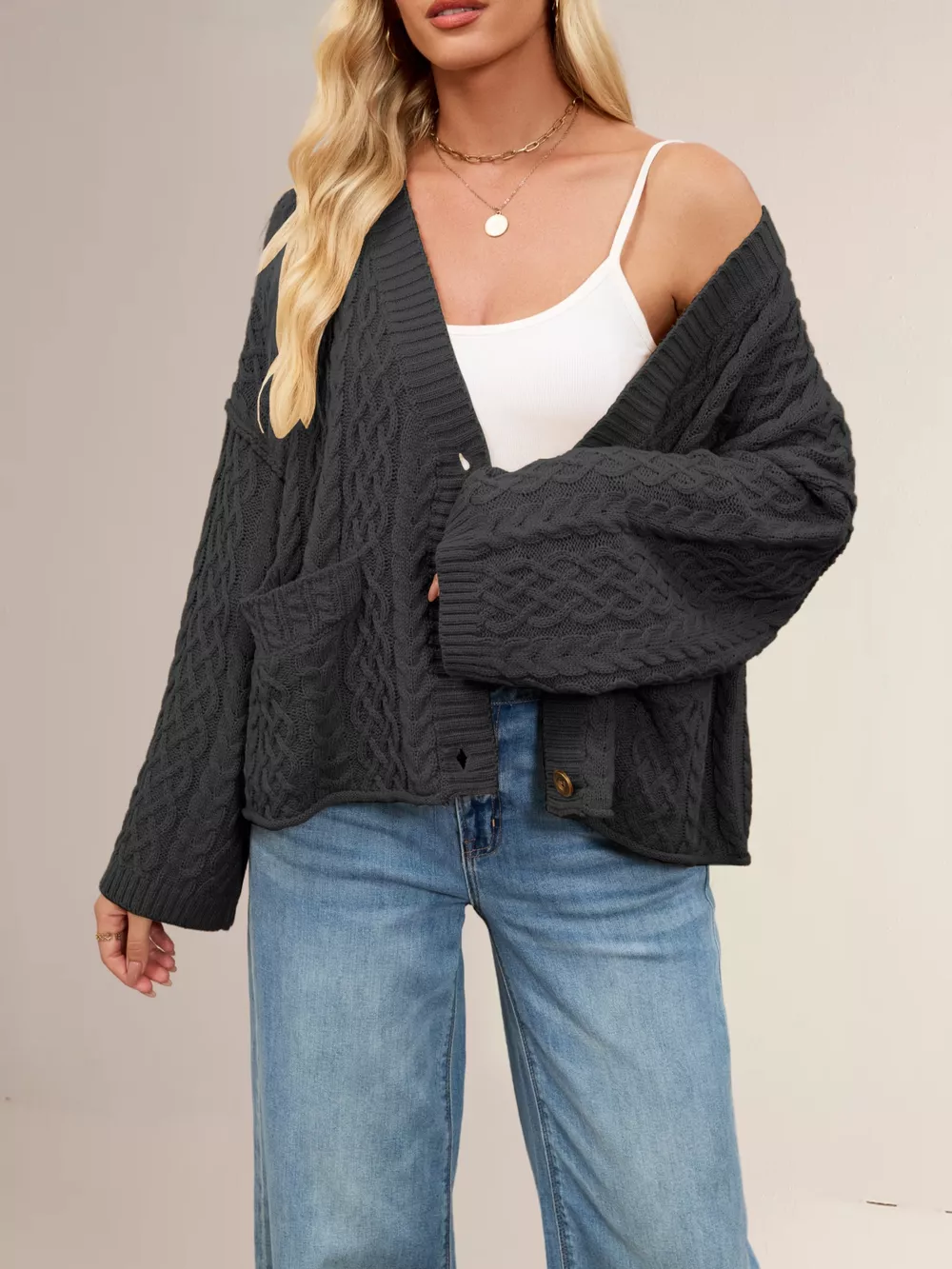 Cable Knit Button-Down Cardigan, image 4