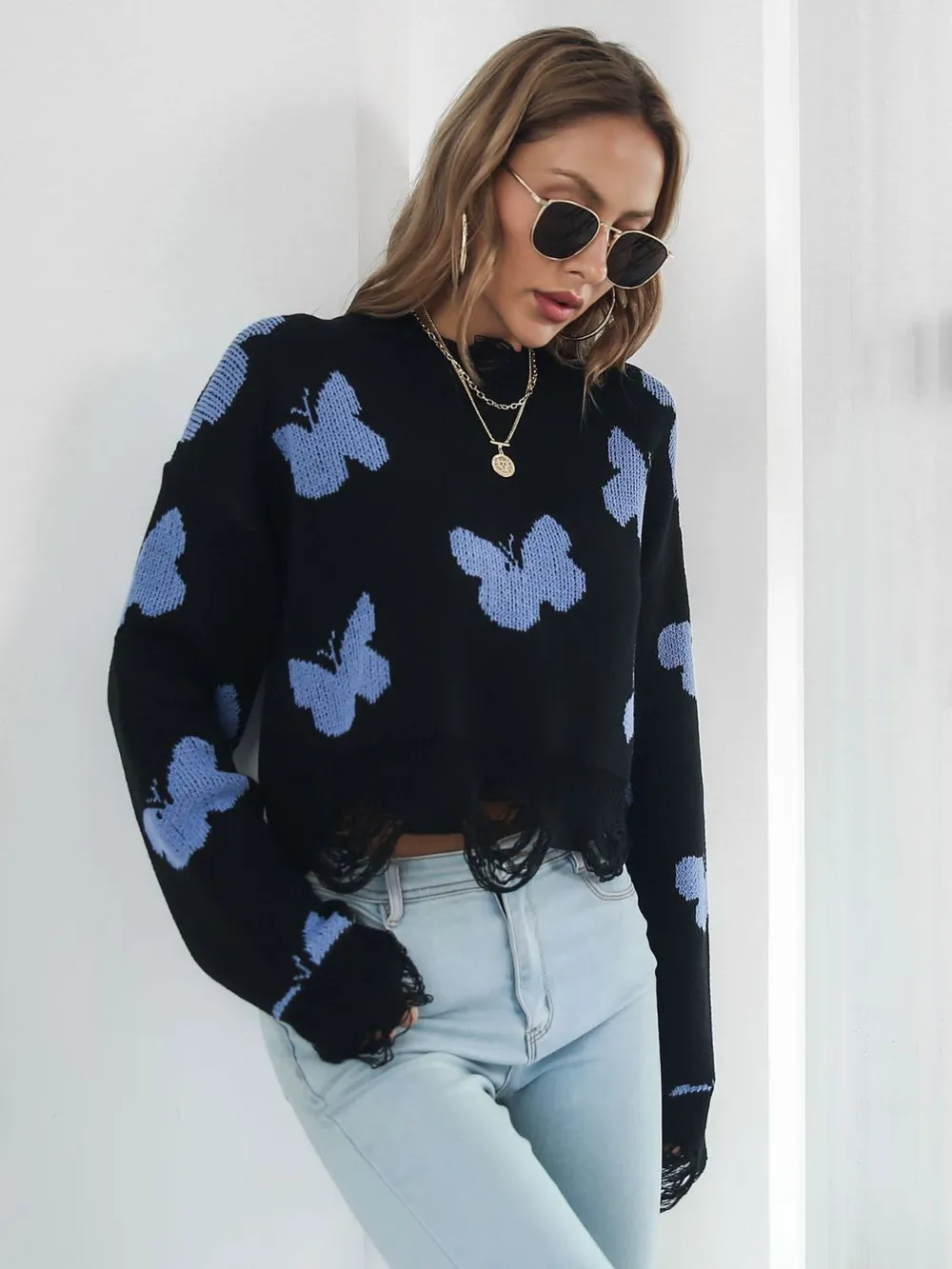 Distressed Butterfly Cropped Sweater, image 10