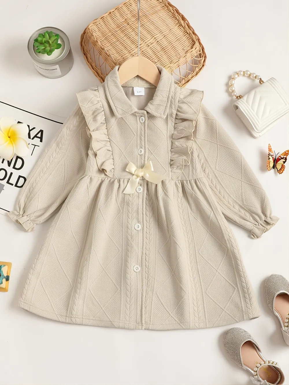 Children's Ruffled Bow Collared Neck Dress, image 5