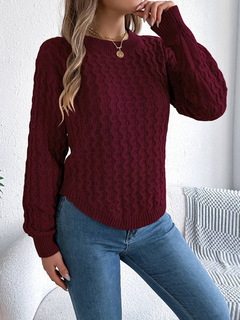 Asymmetric Hem Round Neck Long Sleeve Sweater, image 12
