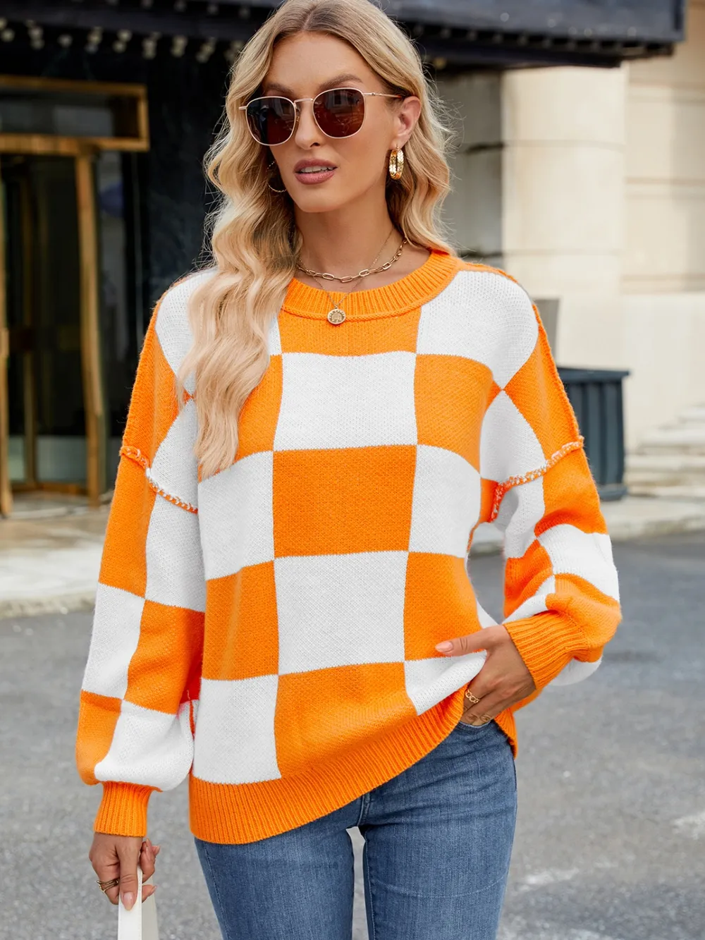 Checkered Round Neck Long Sleeve Sweater, image 11