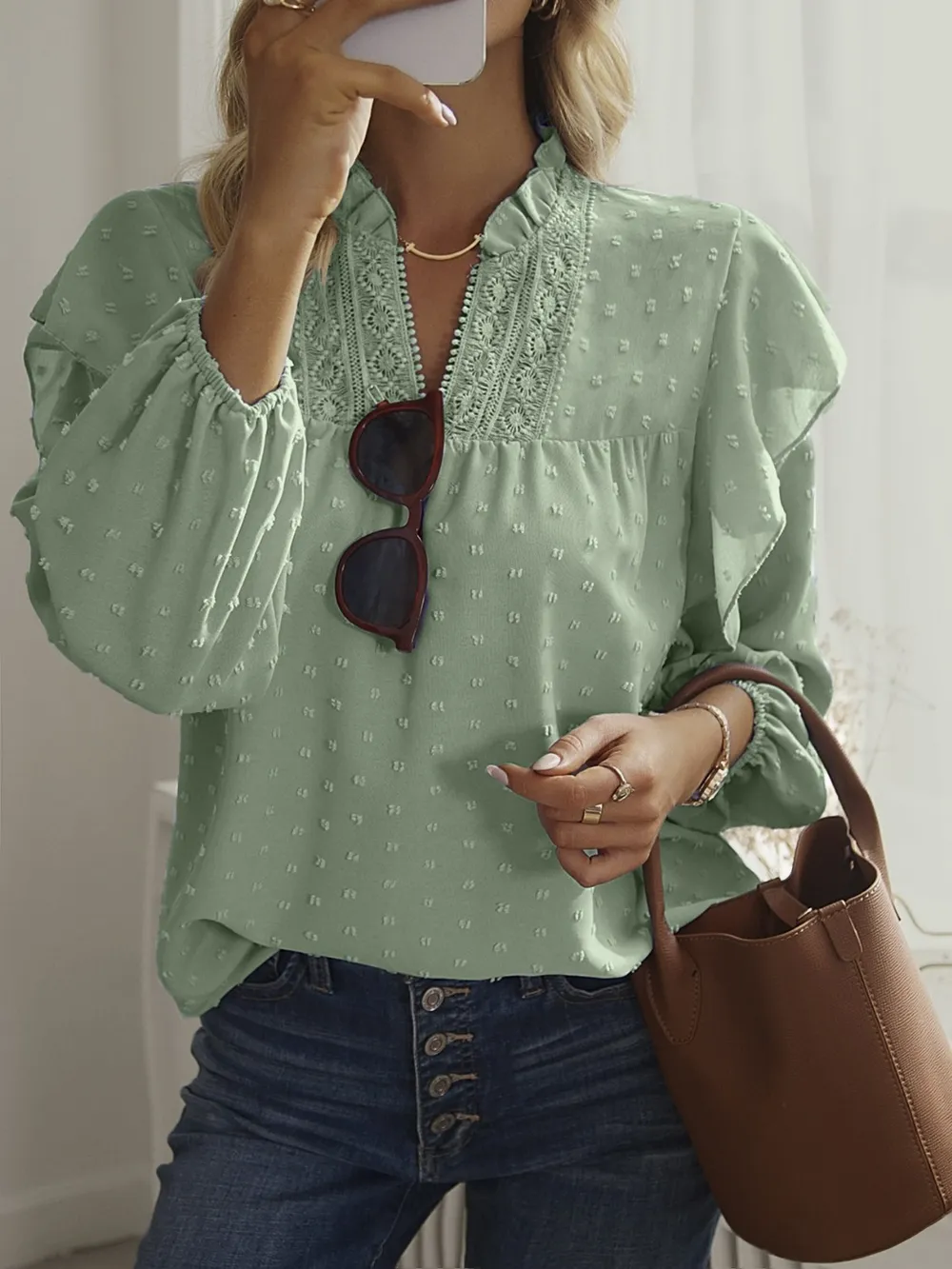 Swiss Dot Ruffled Long Sleeve Blouse, image 18