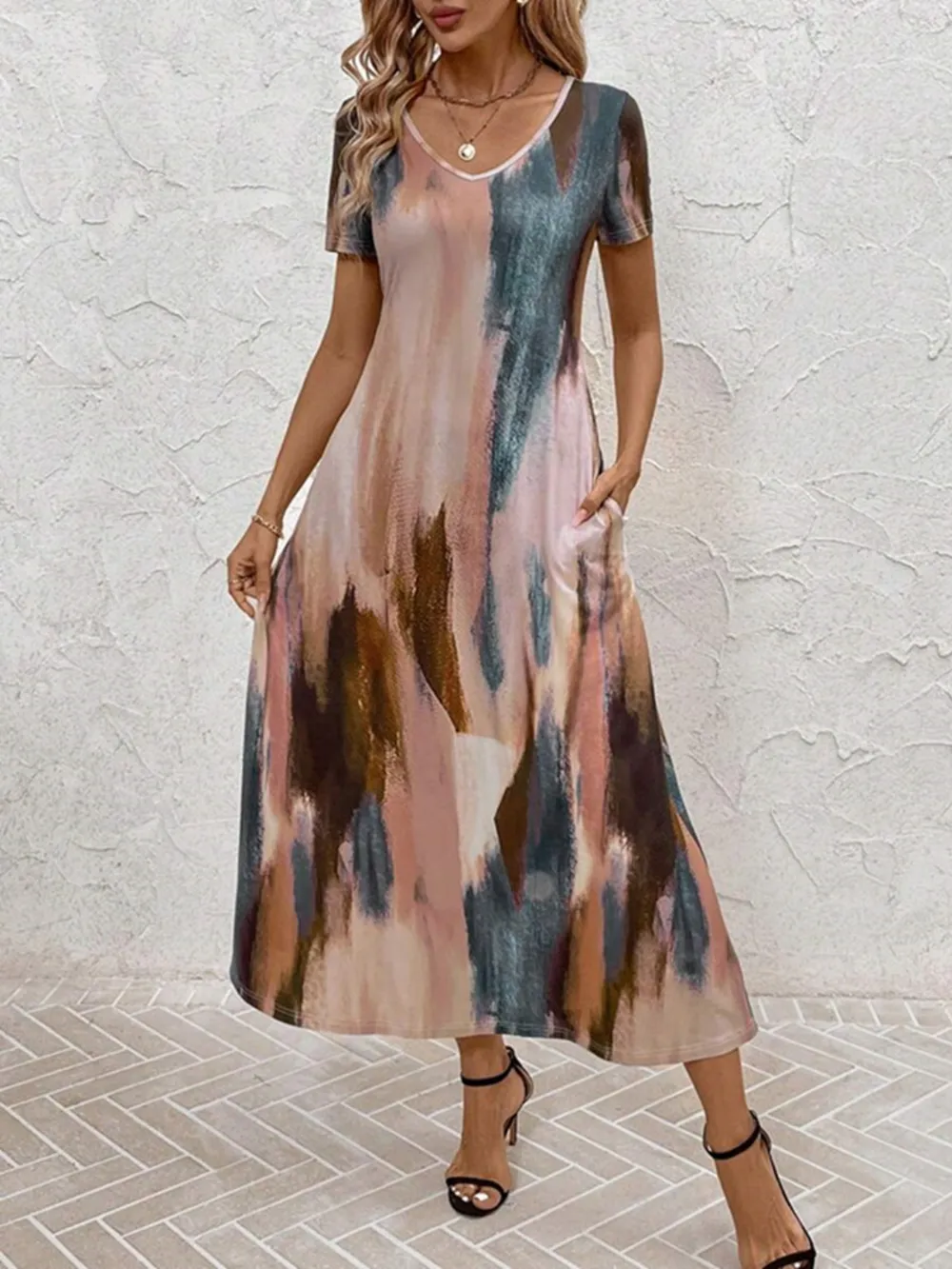 Tie-Dye V-Neck Short Sleeve Midi Tee Dress, image 7
