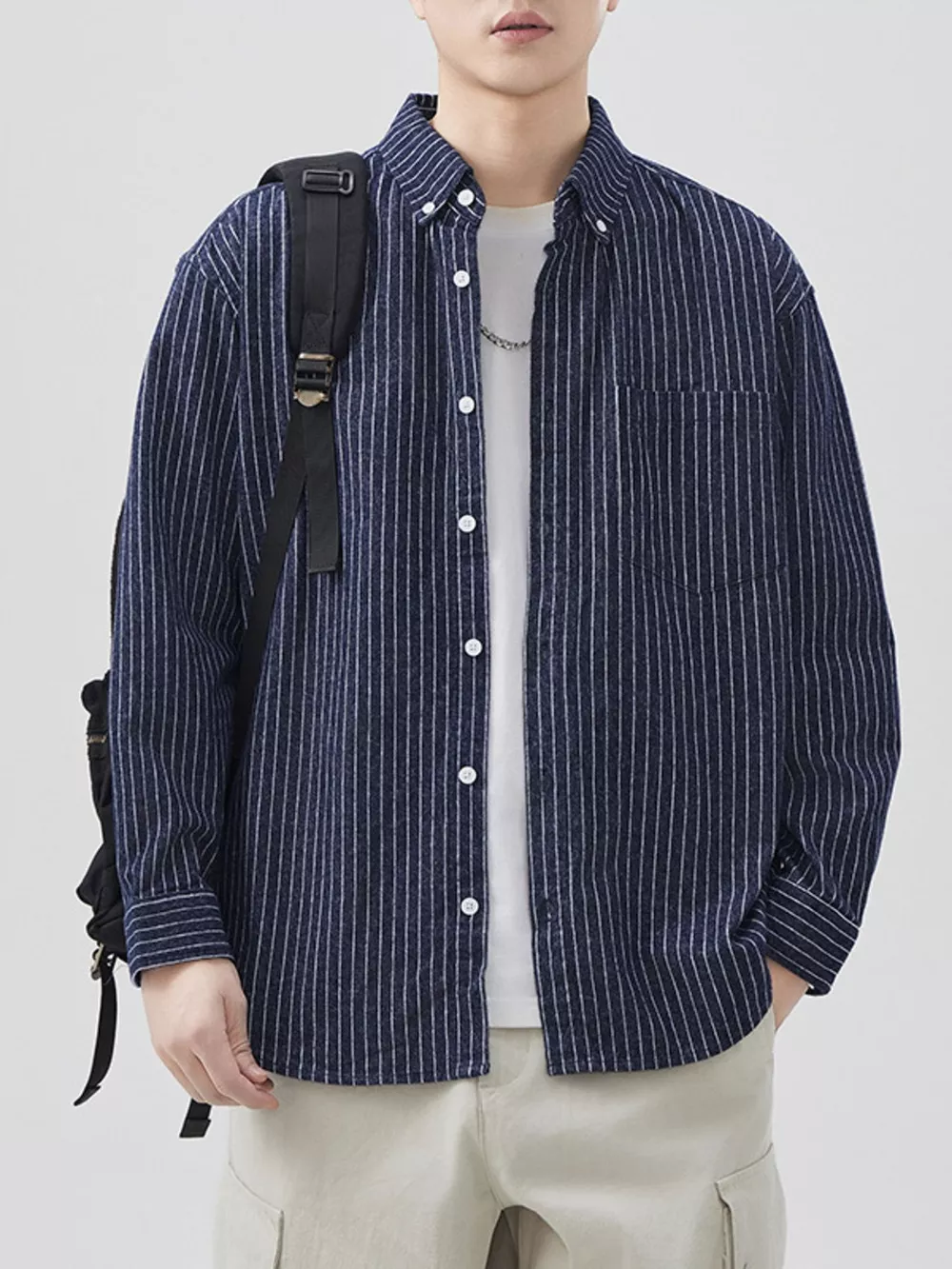 Men's Plus Size Striped Button Up Long Sleeve Shirt, image 6