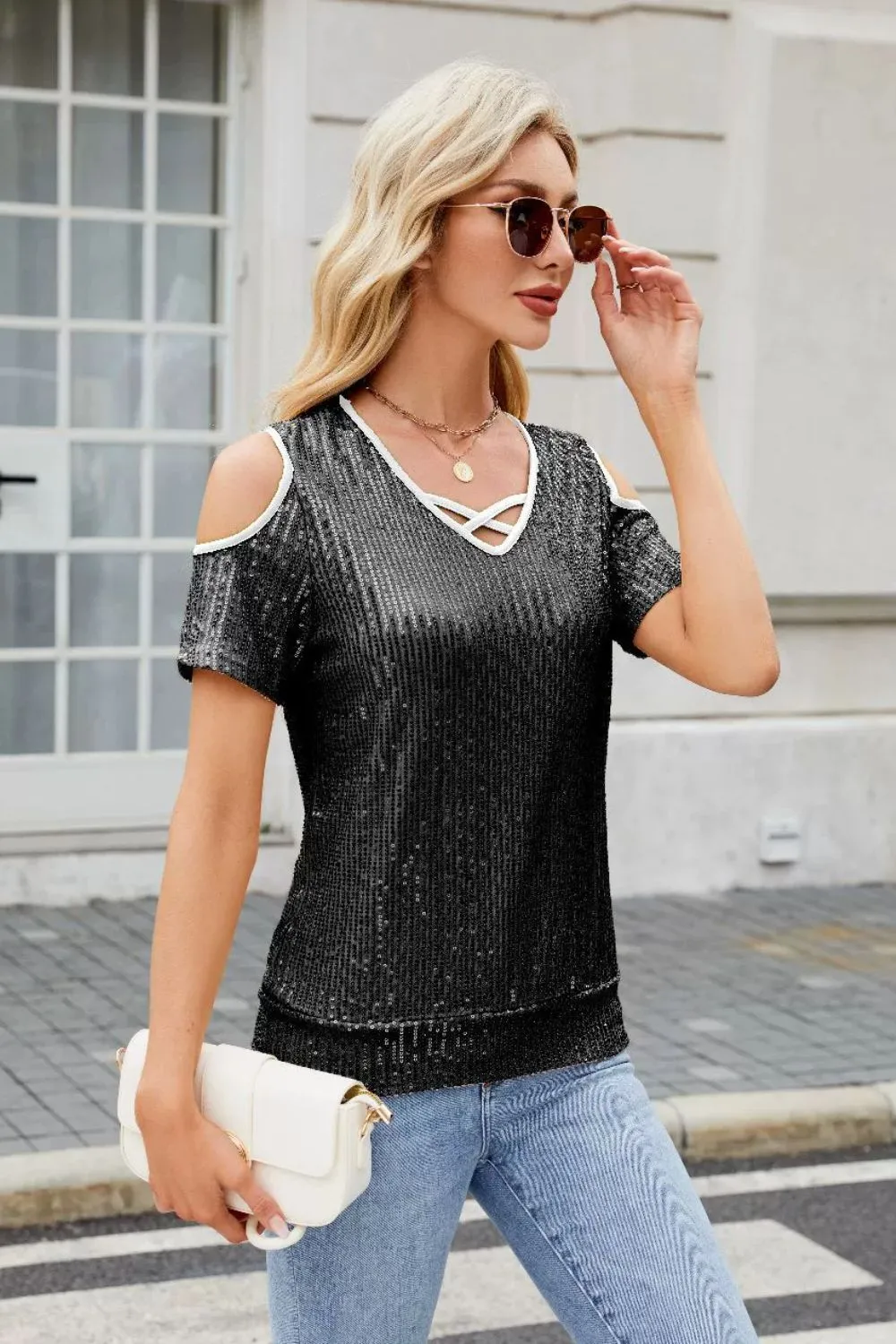 Sequin Crisscross V-Neck Cold Shoulder Blouse, image 3